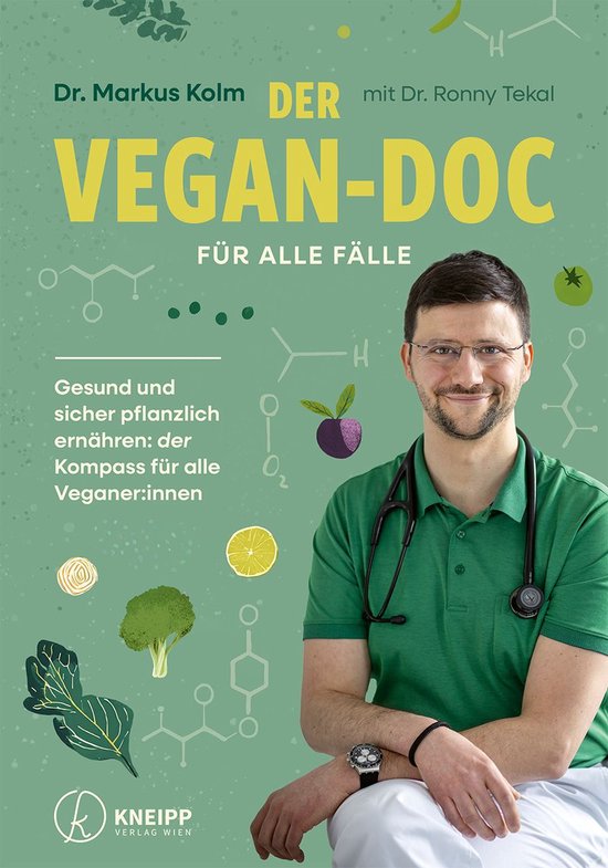 Boekcover met Dr. Markus Kolm, titel "Der Vegan-Doc für alle Fälle" en illustraties van broccoli, bladgroenten en citroen.