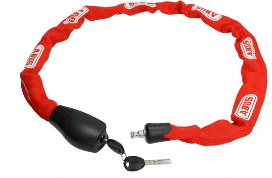 Rood ABUS kettingslot met witte ABUS logo's. Bevat een zwarte sluiting en twee sleutels.