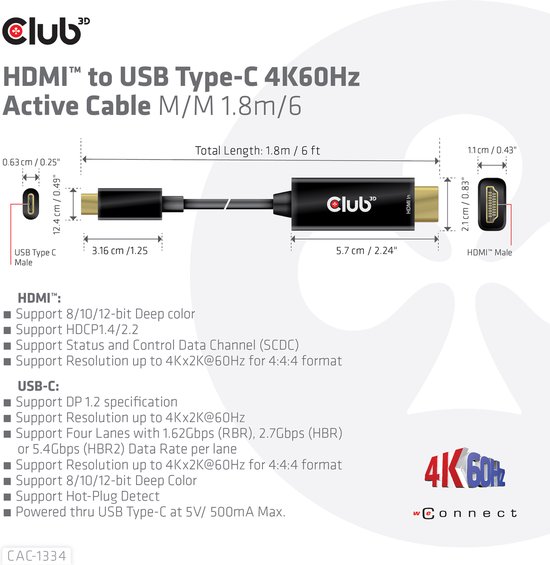 Club 3D USB Gen2 Type-C naar HDMI kabel Zwart, 3 meter, 4K120Hz, 8K60Hz