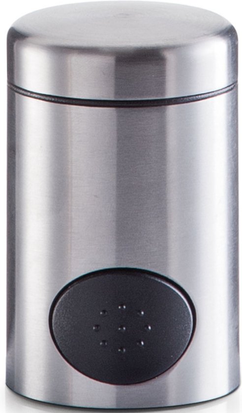 Zilverkleurige RVS zoetjesdispenser met zwarte knop met gaatjes.
