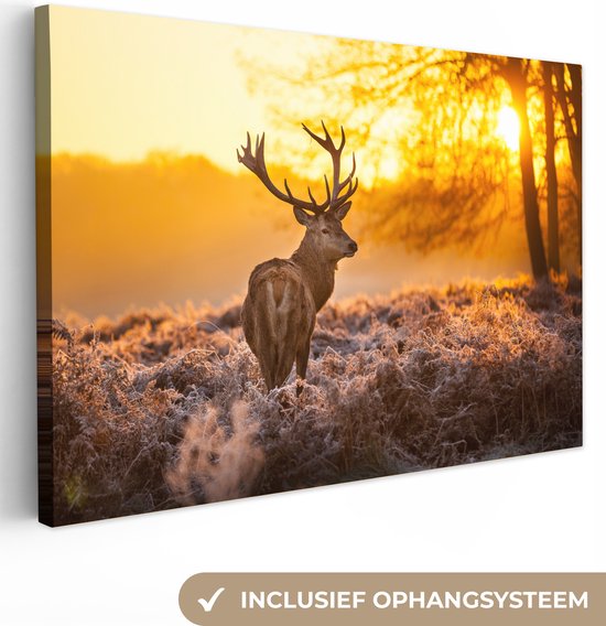 Peinture sur toile - Cerf - Coucher de soleil - Lande - Chambre à coucher - Décoration murale - Nature - 60x40 cm - Peinture sur toile animaux - Peintures sur toile