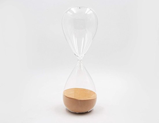 Foto: Glas design grote zandloper 1 uur 60 minuten timer zandgeel oker 30 cm interieurdecoratie