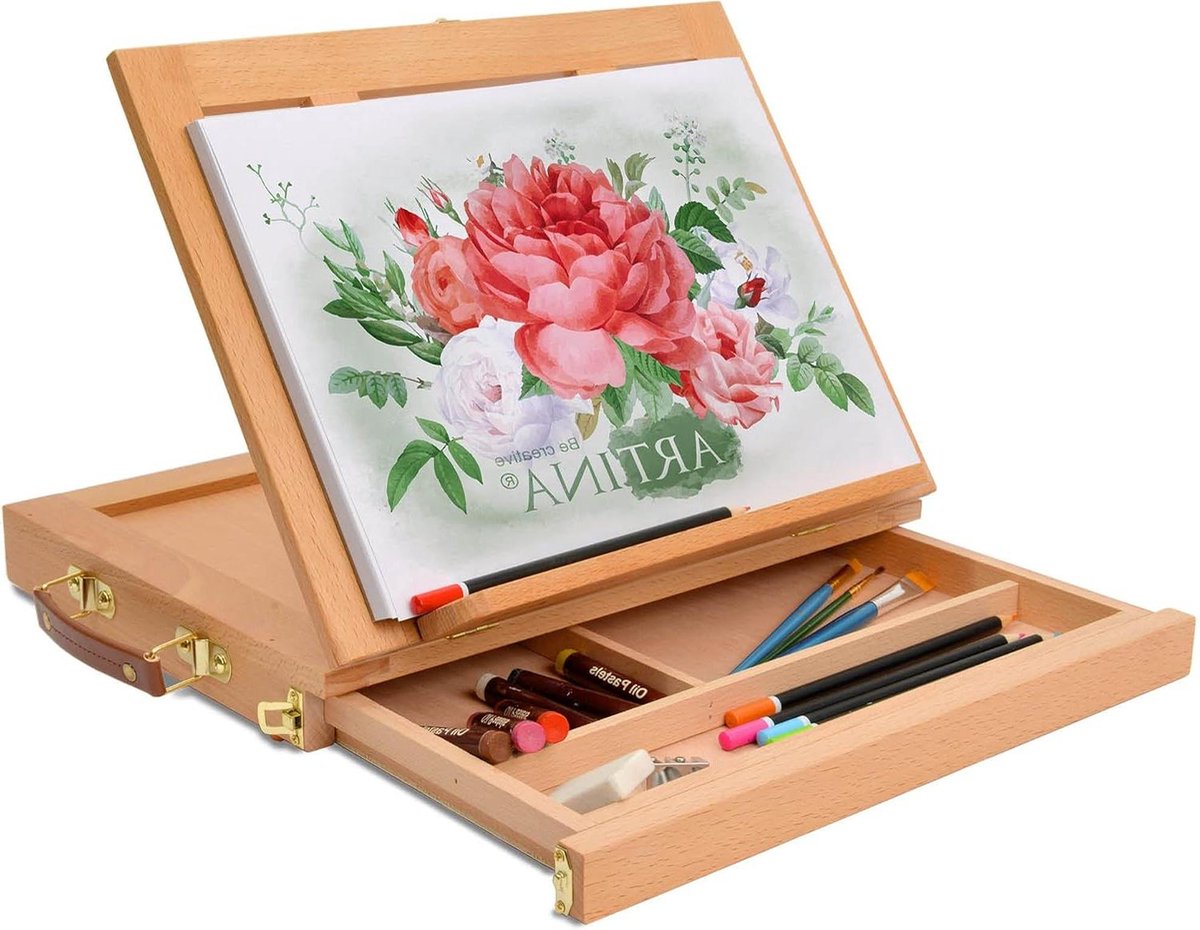 Schildersezel Houten Kofferezel Colmar Schetsbord Met Lade Schildergerei Opbergkoffer Boekensteun 335 x 26 x 27 cm
