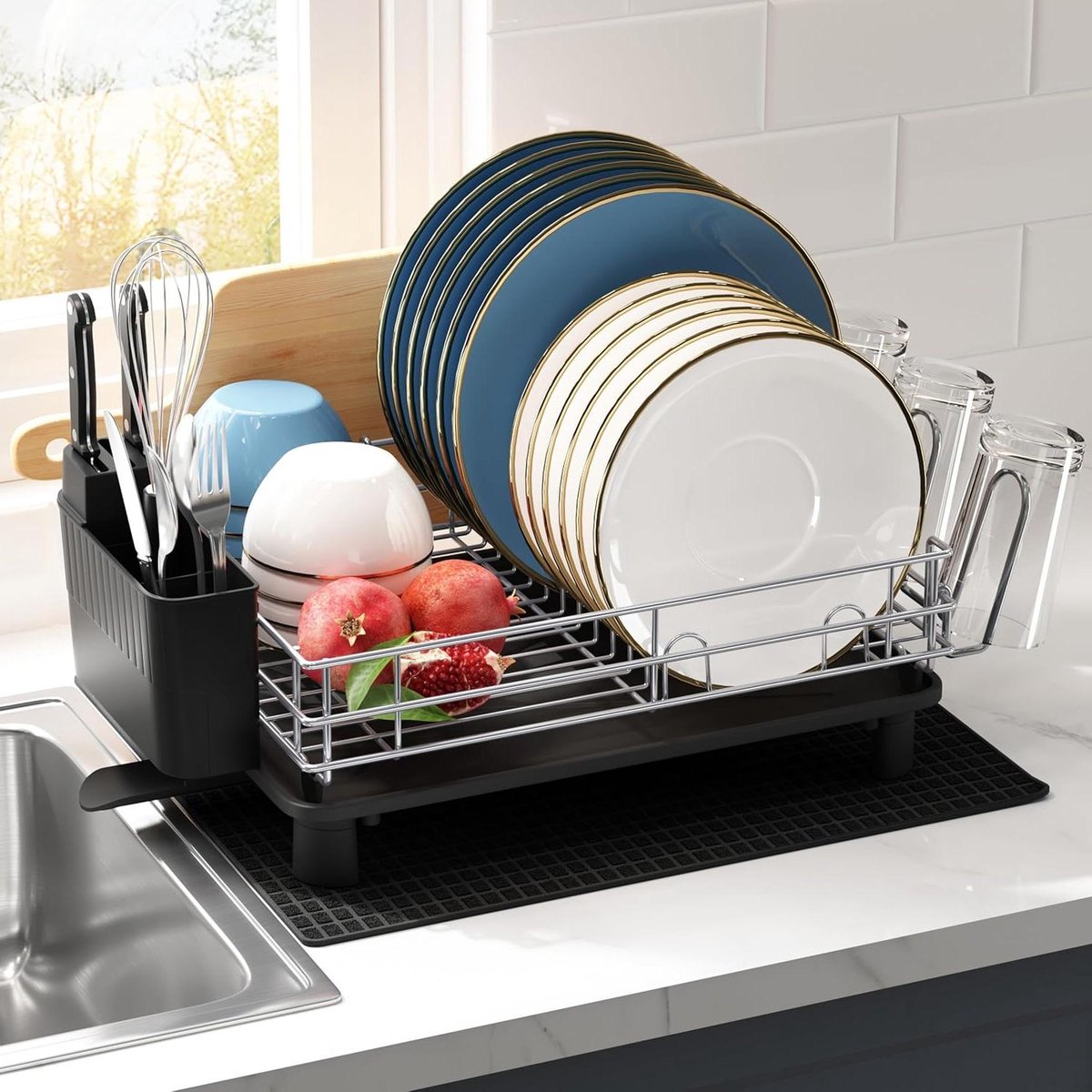 Goedkoopste Afdruiprek met lekbak en draaibare afvoeruitloop - roestvrijstalen gebruiksvoorwerpenhouder en droogmat voor aanrecht afdruiprek met lekbak inklapbaar