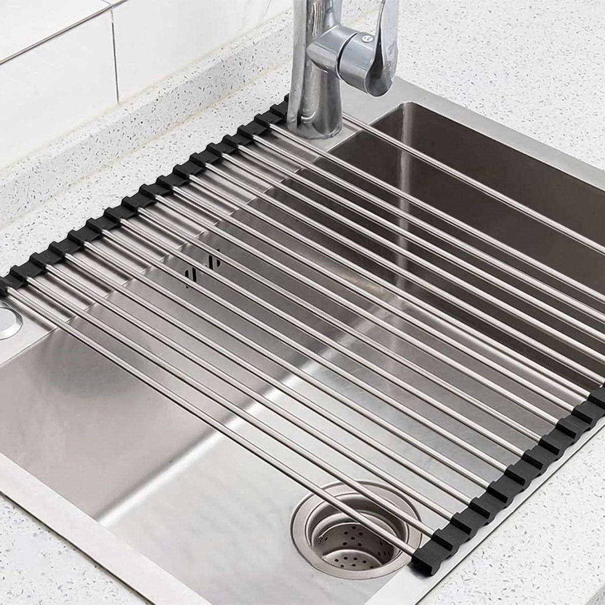 Goedkoopste Opvouwbaar afdruiprek roestvrij staal - voor drogen fruit groenten borden - 43 x 35 cm zwart afdruiprek met lekbak inklapbaar