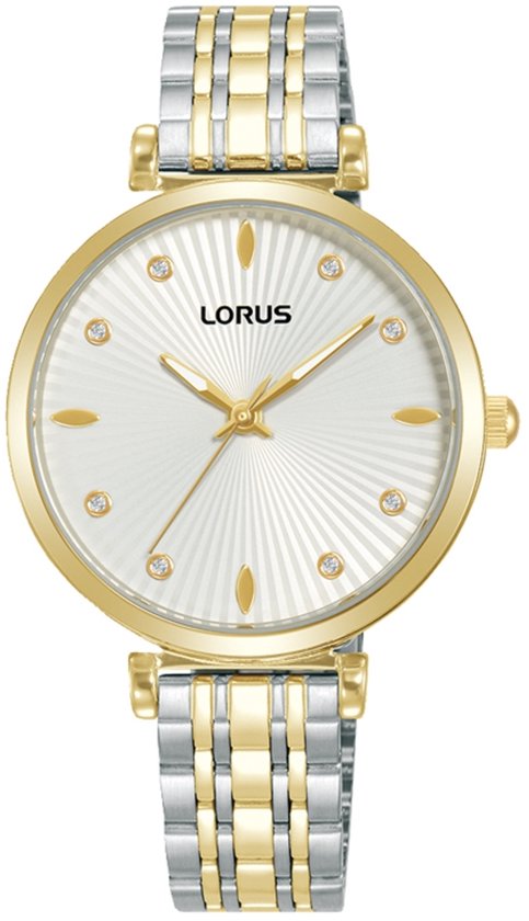 Gouden dameshorloge met witte wijzerplaat met zonnestralen-motief, gouden wijzers en bicolor bandje.