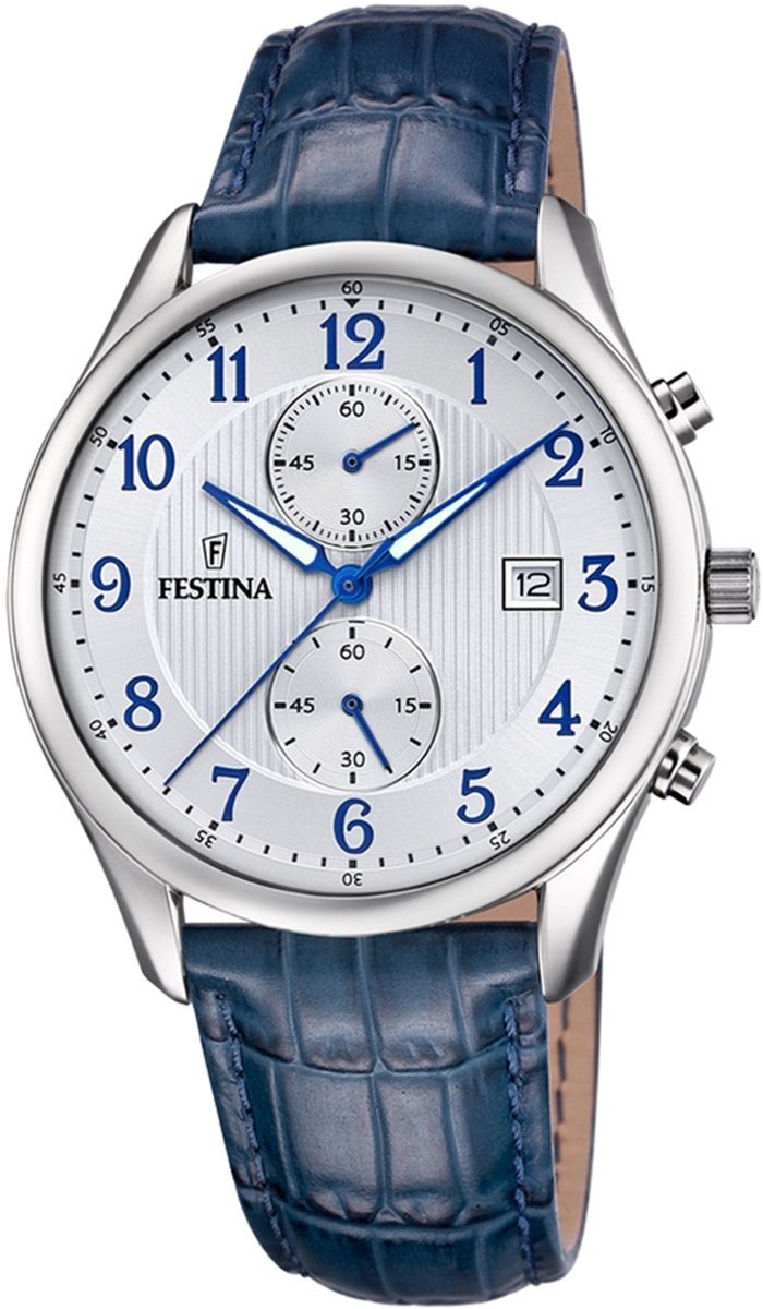 Festina F6855-A Heren Horloge - Chronograaf - Mineraalglas - Roestvrijstaal-Leer - Zilverkleurig - Ø 42 mm - Quartz - Gesp - 3 ATM (spatwater)