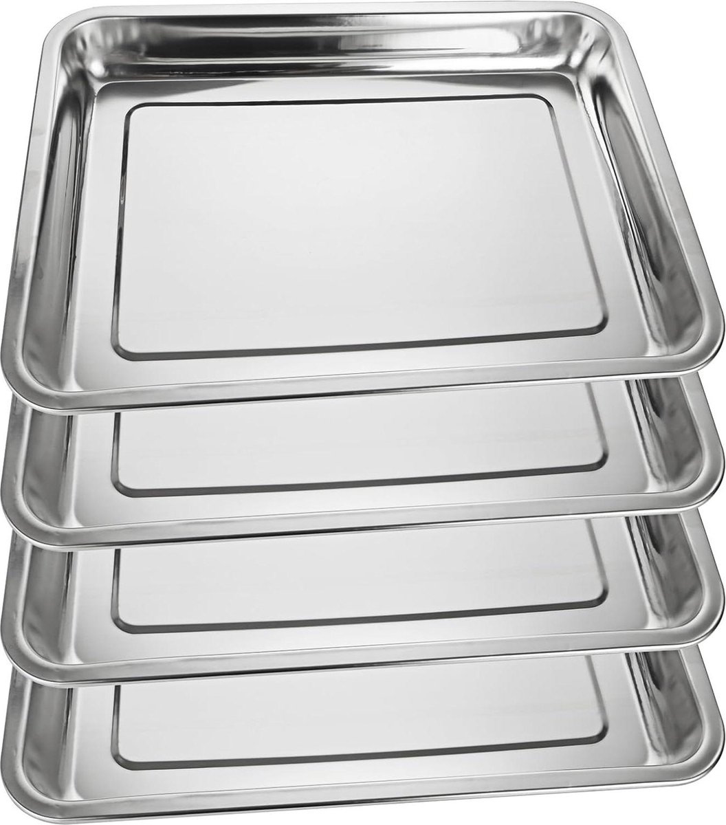 4 Pieces Stainless Steel Baking Trays - Small Deep Baking Tray 29 x 39 x 4.8 cm - Rectangular Silver - Oven Grill Serving
