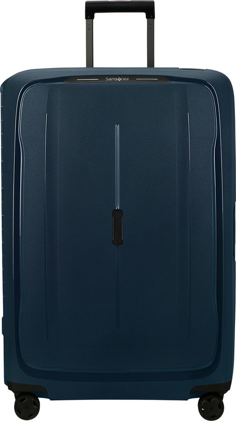 Donkerblauwe Samsonite koffer met ritssluiting, handvat, wielen en TSA-slot.