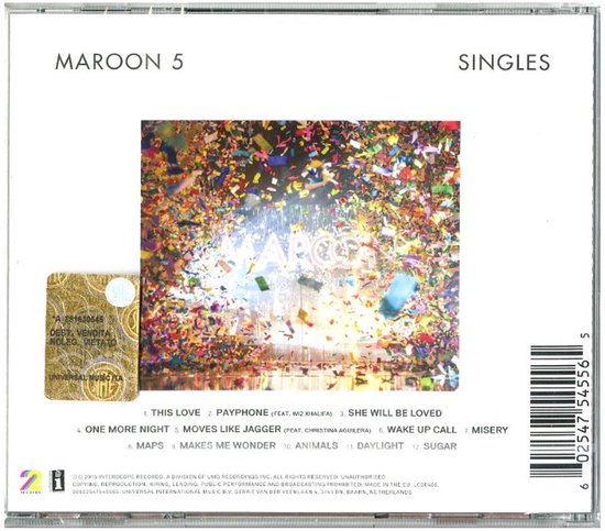 Achterkant CD-hoes van Maroon 5 - Singles met confetti-afbeelding en tracklijst.