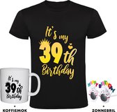 39 jaar Heren T-shirt + Koffiemok + Happy birthday bril - verjaardag - cadeau - feest