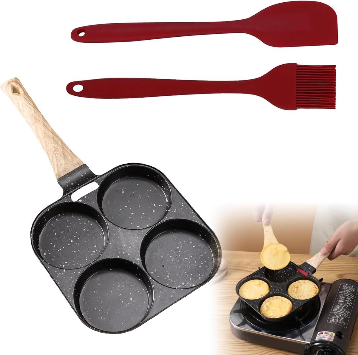 Spiegeleipan 4 gaten antiaanbaklaag - siliconen olieborstel - spatel - spiegelei hamburgerpan - eierkan houten handvat - gasfornuis - zwart - 34 x 18 cm