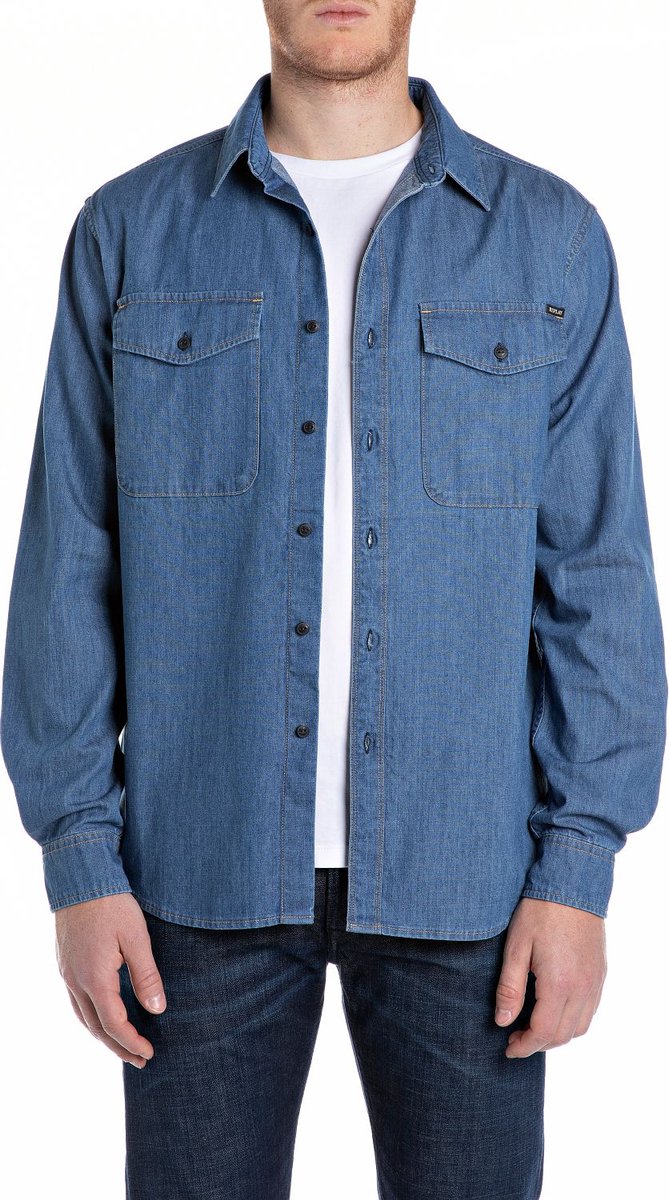 Replay Heren Overhemd 6.5 OZ DEEP BLUE DENIM regular fit Blauw 3XL Volwassenen