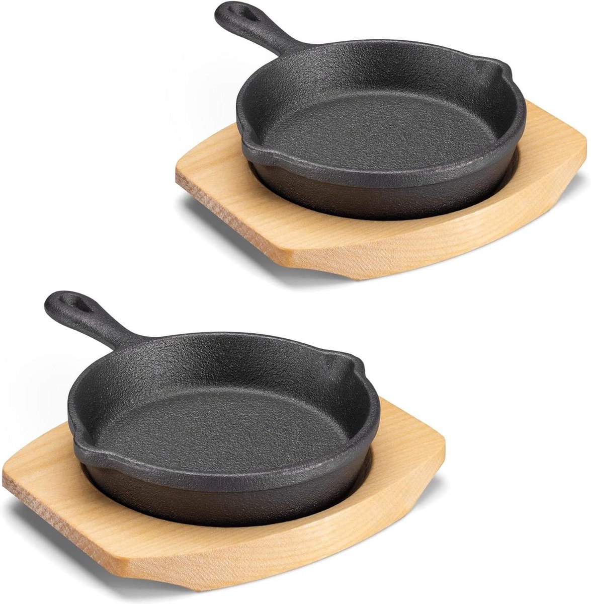 2x mini gietijzeren koekenpan Ø 10 cm Pannen met houten onderzetter Koken vereenvoudigd Ovenbestendige pan