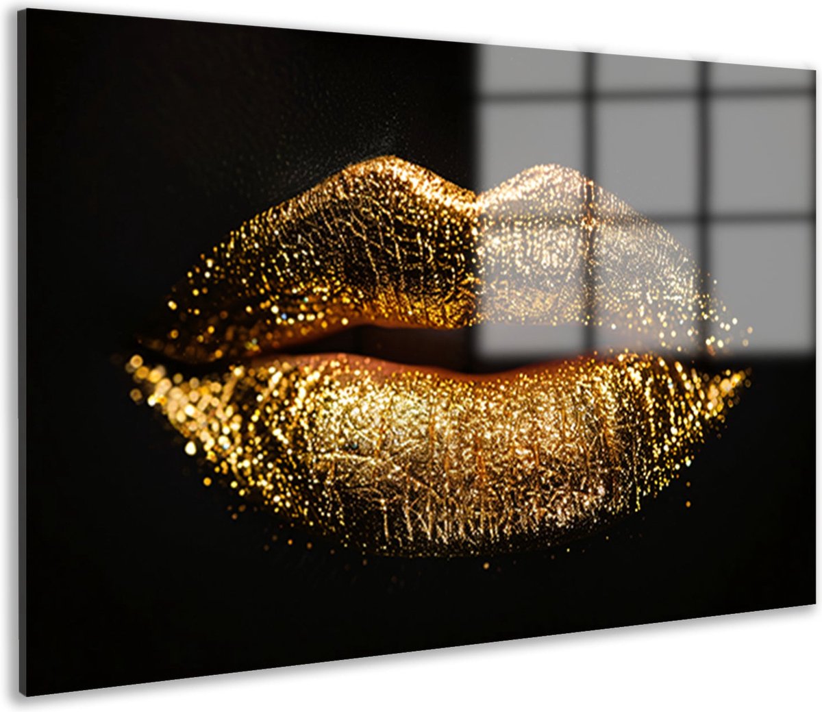 Lippen schilderijen glas - Lichaamsdeel glas schilderijen - Wanddecoratie Goud - Muurdecoratie industrieel - Schilderijen plexiglas - Decoratie muur acrylglas 75x50 cm op Prijzenvolger.com