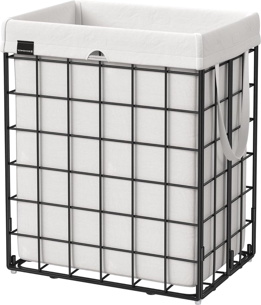 Goedkoopste Wasmand Opvouwbare 90 liter mand uitneembare wasbare zak metalen frame - slaapkamer badkamer wasruimte - zwart wit LCB190W01