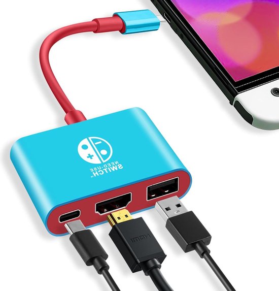 Blauwe Switch-adapter met rode kabel, Type-C, HDMI en USB 3.0-poorten aangesloten op een Nintendo Switch.