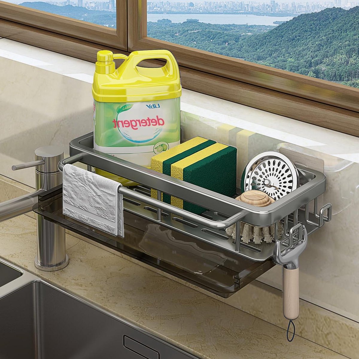 Afvoerpan haakvormige gootsteenorganizer wandmontage Zelfklevende badkamergootsteenorganizer Keukenaccessoires Spons borstel afwasmiddel