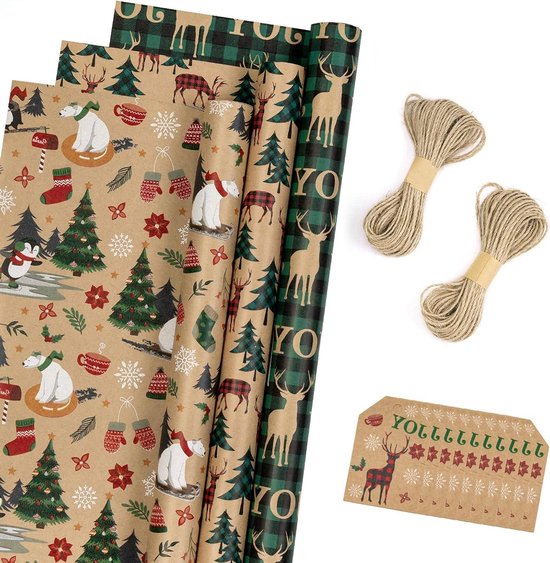 Kraftpapieren pakketten voor Kerstmis, elegant, 43 x 300 cm, set van 4 rollen met etiketten, stickers en touw