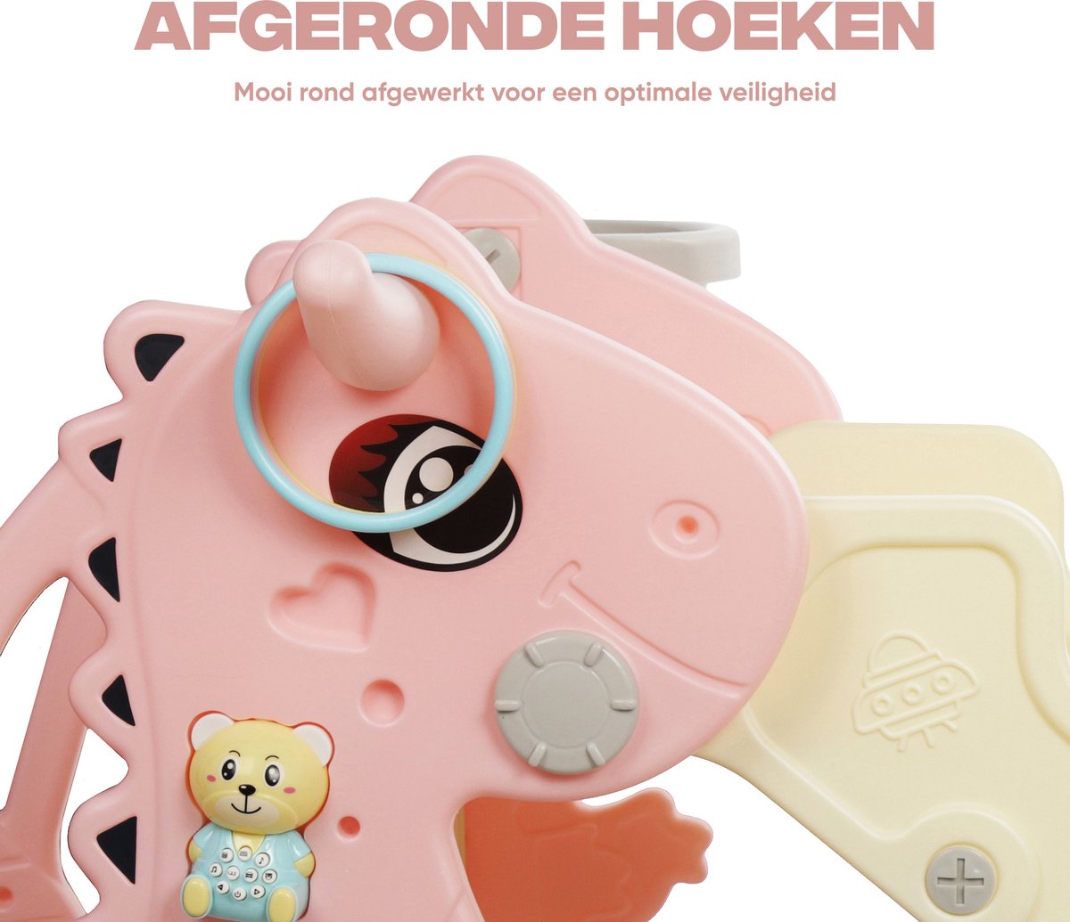 Rockerz Premium Glijbaan - Voor binnen en buiten - Speelplezier gegarandeerd - Opvouwbaar - Veilige dichte trap - Ringen spel - Basketbal ring (inclusief bal) - Muziek beertje - Kleur: Roze — afbeelding 14