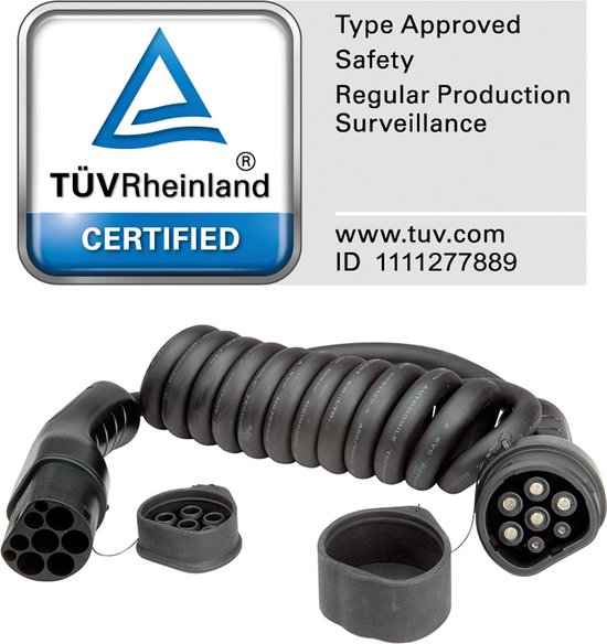 Câble de chargement de voiture électrique ROLINE Type2, triphasé, 480VAC (3P+N+E), 32 A, 22 kW, câble spiralé, 3 m