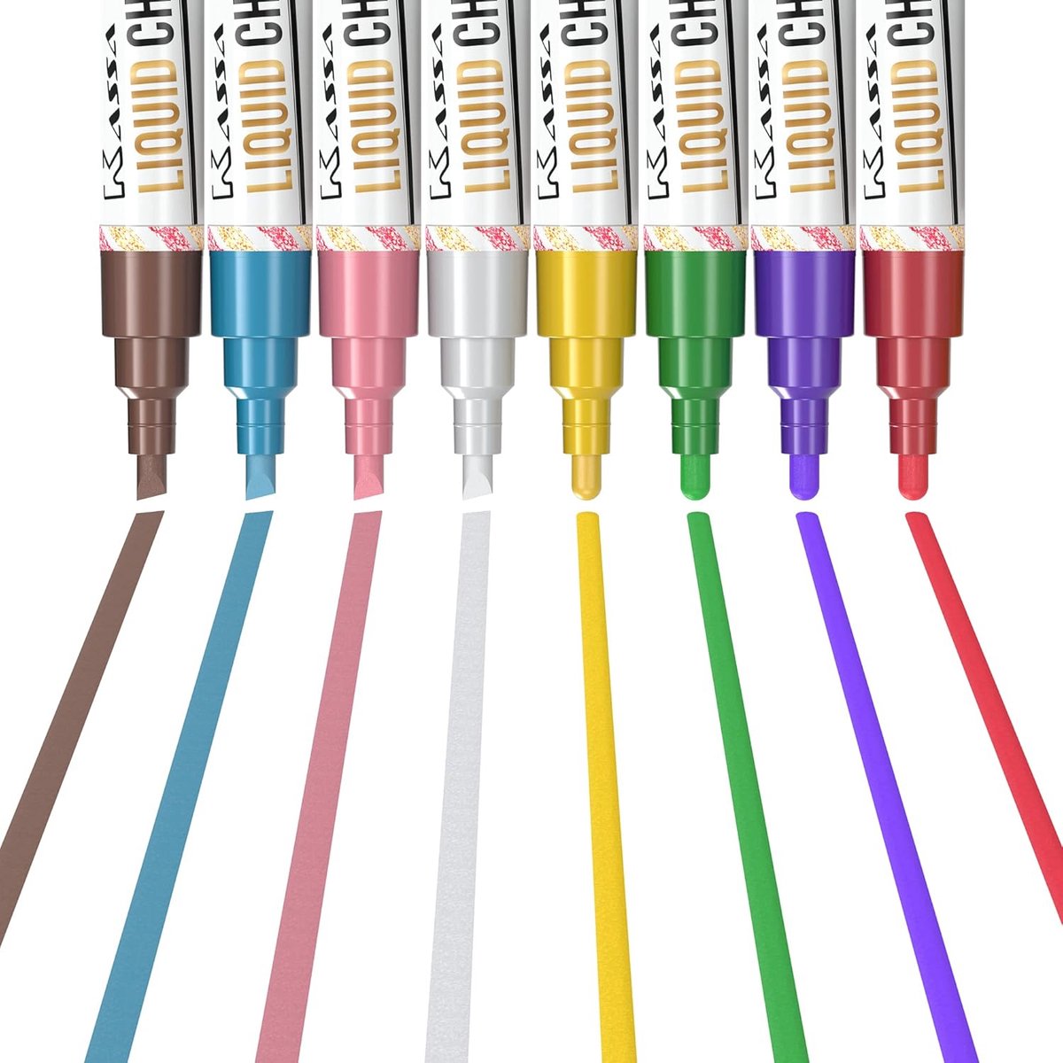 Vloeibare Krijtstiften Set - 8 Metallic Kleuren - Uitwisbare Krijtbord Markers voor Schoolbord, Glas en Spiegels