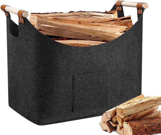 EFUTURETIME Vilten tas XXL, 61 × 32 × 32 cm, 60 liter, vilten shopper, groot met handvat, tas van vilt, opvouwbaar, vilten mand, haardhout voor kleding, speelgoed, groenten en fruit, donkergrijs