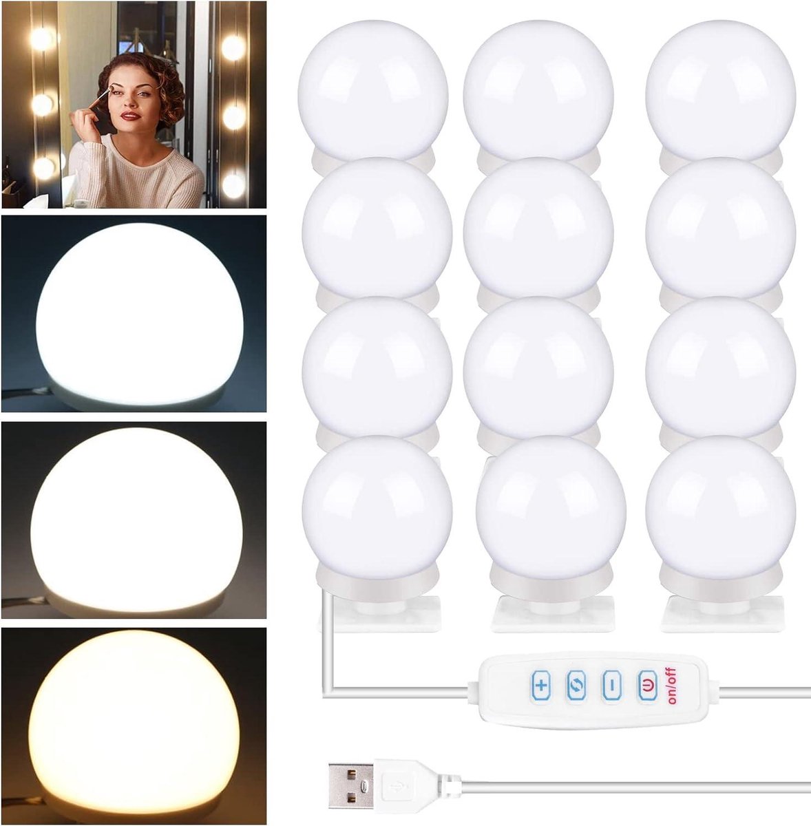 Make-up Spiegel Dimbare Led-spiegellamp Hollywood-verlichting met Schakelaar - Make-up Licht - Kaptafel Verlichting - Make-uptafel - 3 Kleuren