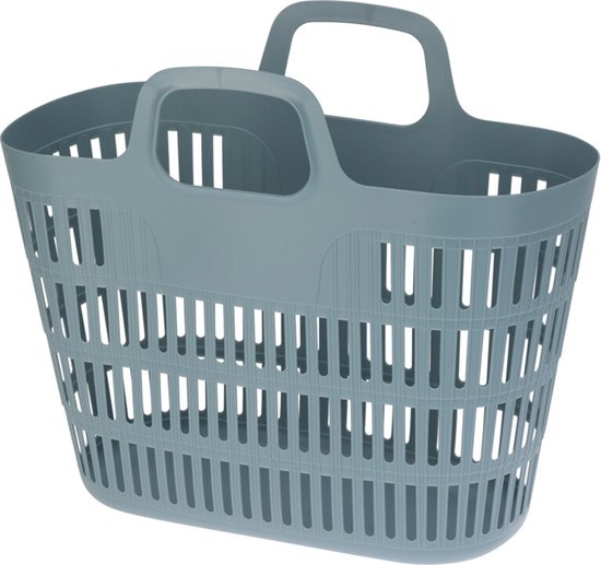 Panier bleu en plastique avec deux poignées et des ouvertures verticales.