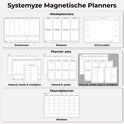 Overzicht van de Systemyze magnetische planners: weekplanners, planner sets (maand, week &amp; mealplan) en maandplanner.
