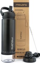 Bol.com MOLDINA Waterfles met Rietje - Drinkfles 500 ml - Thermosbeker - Met Opslagbodem - Tritan - RVS - Zwart - Vaatwasserbest... aanbieding