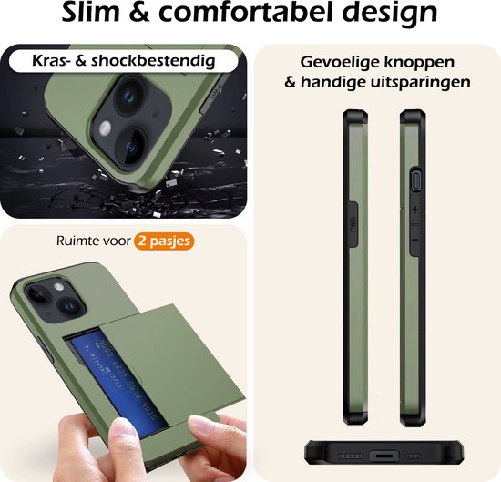 Coque adaptée pour iPhone 14 avec porte-cartes, coque rigide résistante aux chocs avec protecteur d'écran – Coque adaptée pour iPhone 14 avec porte-cartes – Vert foncé