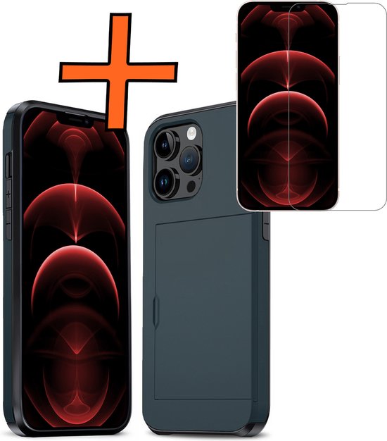 Coque adaptée pour iPhone 14 Pro avec porte-cartes, coque rigide résistante aux chocs avec protecteur d'écran – Coque adaptée pour iPhone 14 Pro avec porte-cartes – Bleu foncé