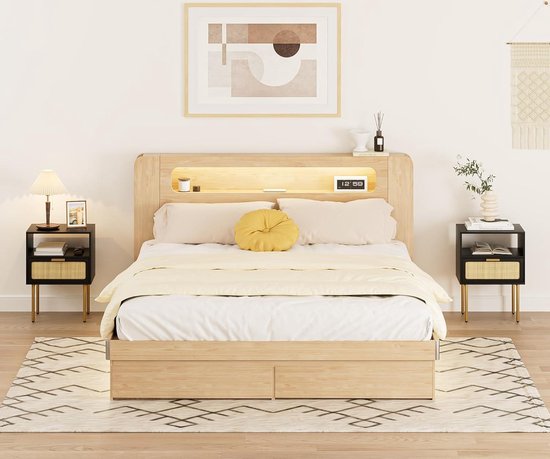 Boho Nachtkastje, Kleine Rotan Bijzettafel Met Lade En Wit Eiken Rek Voor Slaapkamer Woonkamer Kantoor Zwart Frame