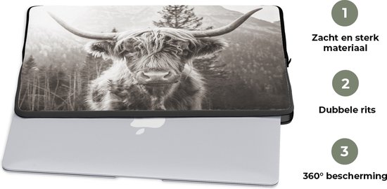 Housse pour ordinateur portable 17 pouces - Highlander écossais - Animaux - Zwart - Wit - Housse pour ordinateur portable - Dimensions intérieures 42,5 x 30 cm - Dos noir