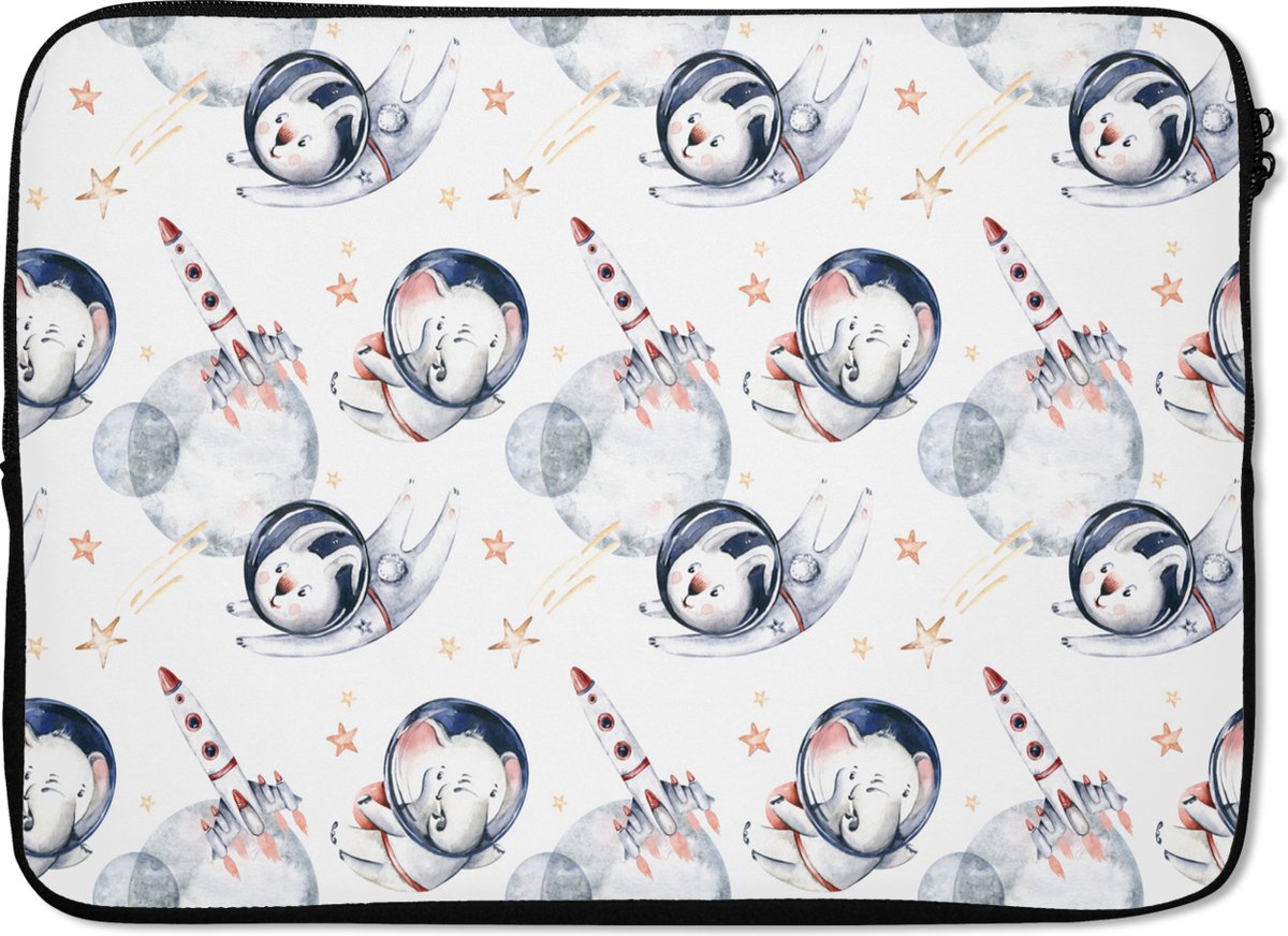 Laptophoes 13 inch - Patronen - Raket - Dieren - Meisjes - Jongens - Kids - Kinderen - Laptop sleeve - Binnenmaat 32x22,5 cm - Zwarte achterkant