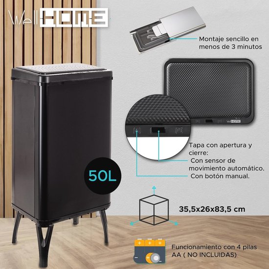 WELL HOME MOBILIARIO & DECORACIÓN Intelligente vuilnisemmer zonder voeten met automatisch openen en handmatig contact, 40 l, hoogte: 55,5 x 35,5 x 26 cm, wit