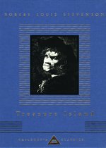 Boek 'Treasure Island' met een portret van een man in een hoed op de voorkant.