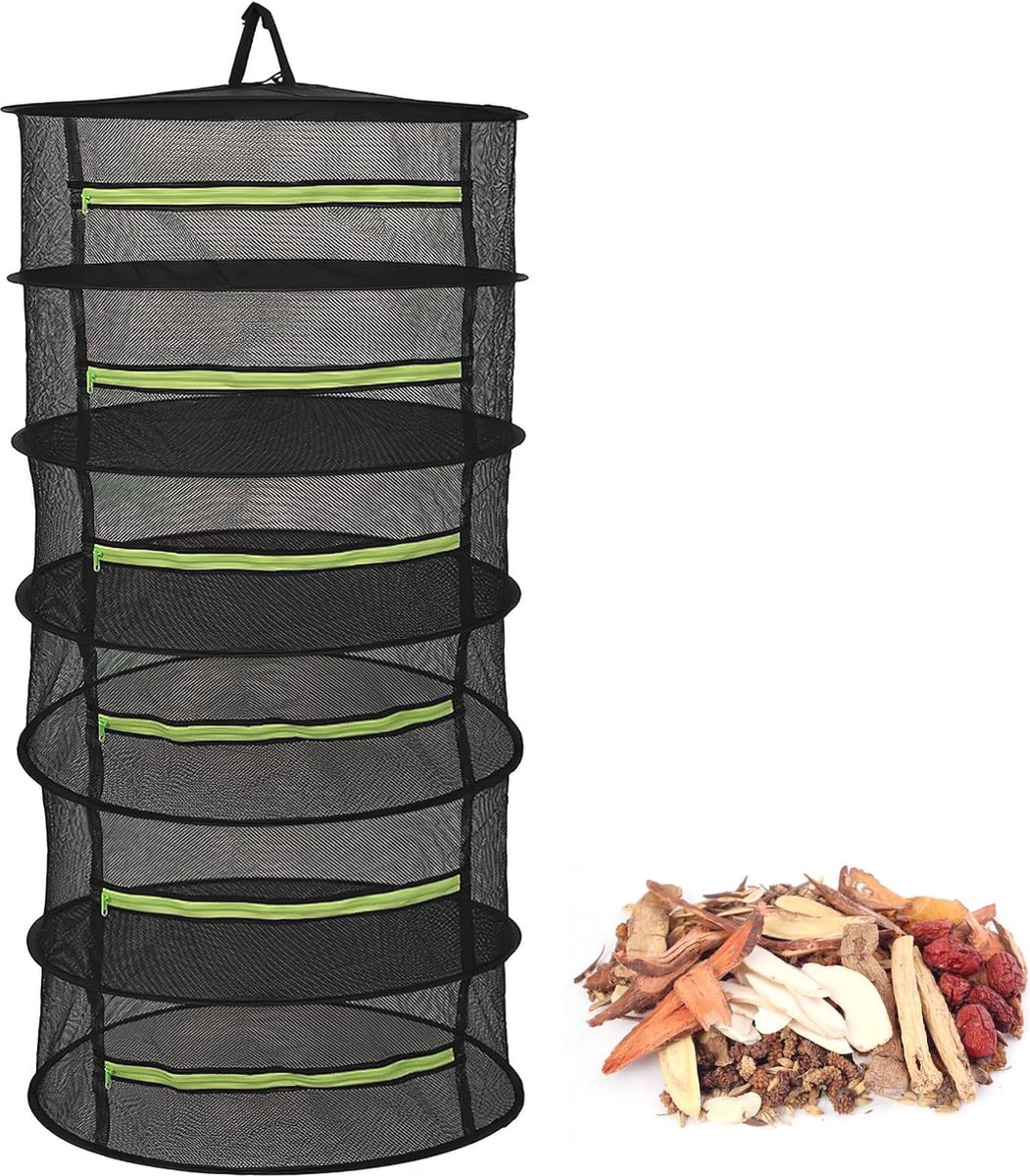 Goedkoopste Herb Drying Net 6-Ply Hanging Rack with Zip - Foldable for Plants, Spices, Vegetables (6 Layers