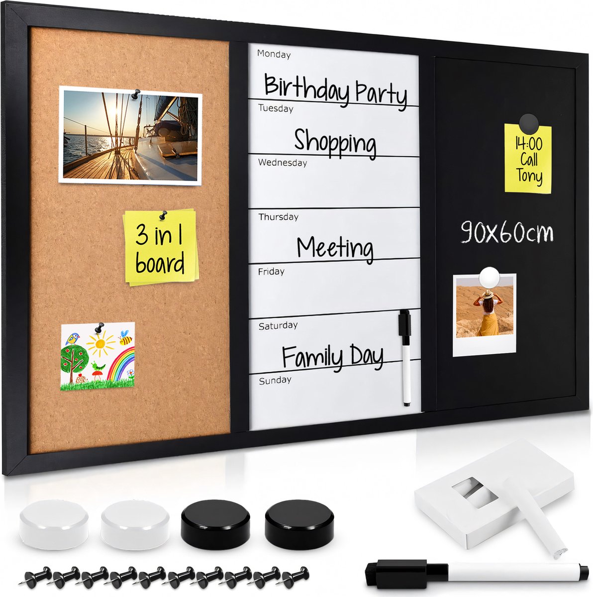 ALLboards Krijtbord magnetisch met natuurlijk houten frame 90x60cm, magneetbord zwart, beschrijfbaar met krijt, magnetic chalkboard, magnetisch schwarz tafel