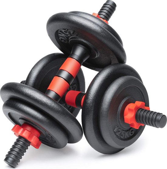 Hop-Sport 20 kg gietijzeren halterset met 2 x 10 kg gewichtsschijven, inclusief trainingshandschoenen – duurzame gewichten voor krachttraining en fitness thuis of in de sportschool