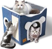 Kattenhuis voor binnen, 40 x 40 x 40 cm, ontwerp met pluizige bal om op te hangen en krabmat, inklapbaar, blauw Kattenhuis voor binnen, 40 x 40 x 40 cm, ontwerp met pluizige bal om op te hangen en krabmat, inklapbaar, blauw