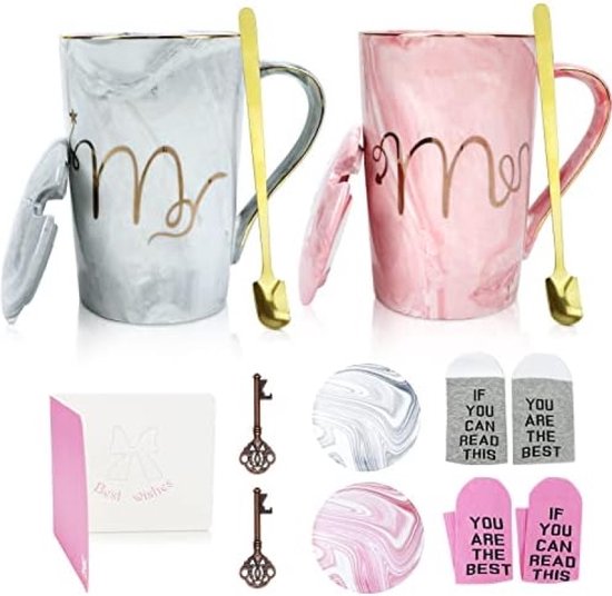 Joymaking Mr Right & Mrs Always Right Huwelijkscadeau, set voor koppels, koppels, geschenken voor vrienden, bruidsdouche, verloving, huwelijk, jubileum, Valentijnsdag (roze & grijs) 340 ml