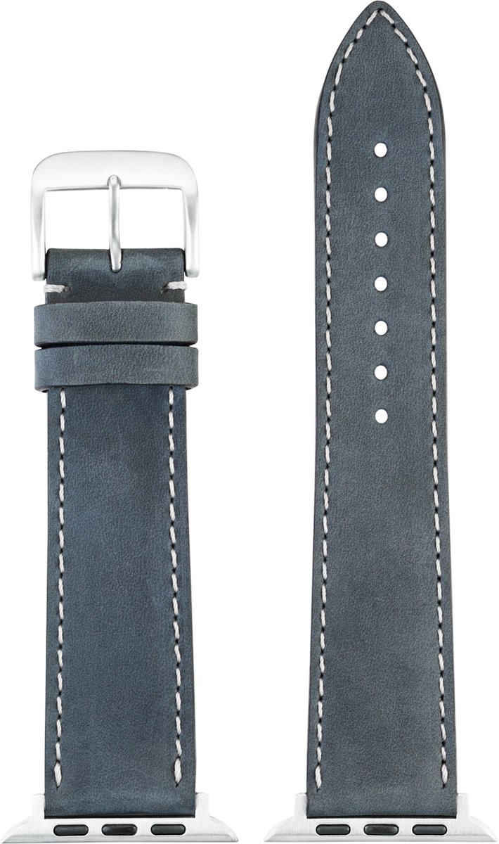EULIT leer horlogeband geschikt voor Apple Watch 38-40-41 maat - Serie 1-2-3-4-5-6-7-8-9-10 + SE - nubuk smart - 20mm - blauw - metalen verguld gesp - incl. adapter