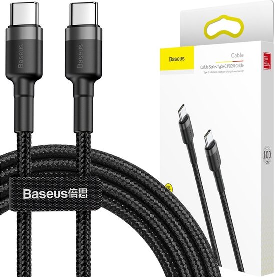 Baseus Geweven Nylon USB-C naar USB-C Fast Charge Kabel 1M Grijs - 3A Max