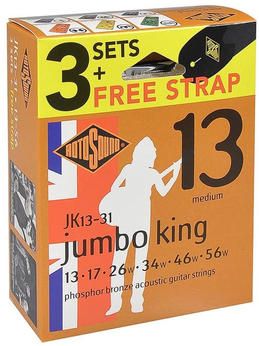 Rotosound JK13-31 Jumbo King 013 3-pack met gitaarriem snarenset akoestisch