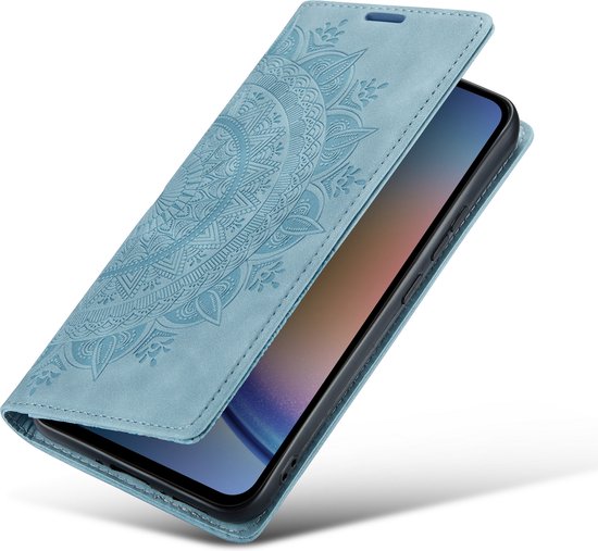 Casemania Hoesje Geschikt voor Samsung Galaxy A55 - Aqua Blue - Mandala Dunne Portemonnee Book Case - Slim Wallet Case met Pasjeshouder