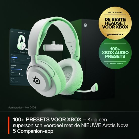Witte Arctis Nova 5X headset met Xbox en "100+ XBOX AUDIO PRESETS" sticker.
