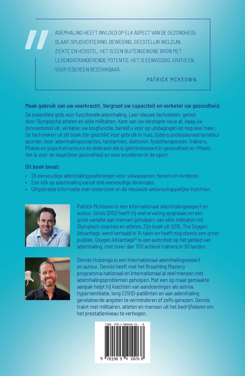 Achterkant van een boek met foto's van de auteurs Patrick McKeown en Dennis Huizenga, tekst en barcode.