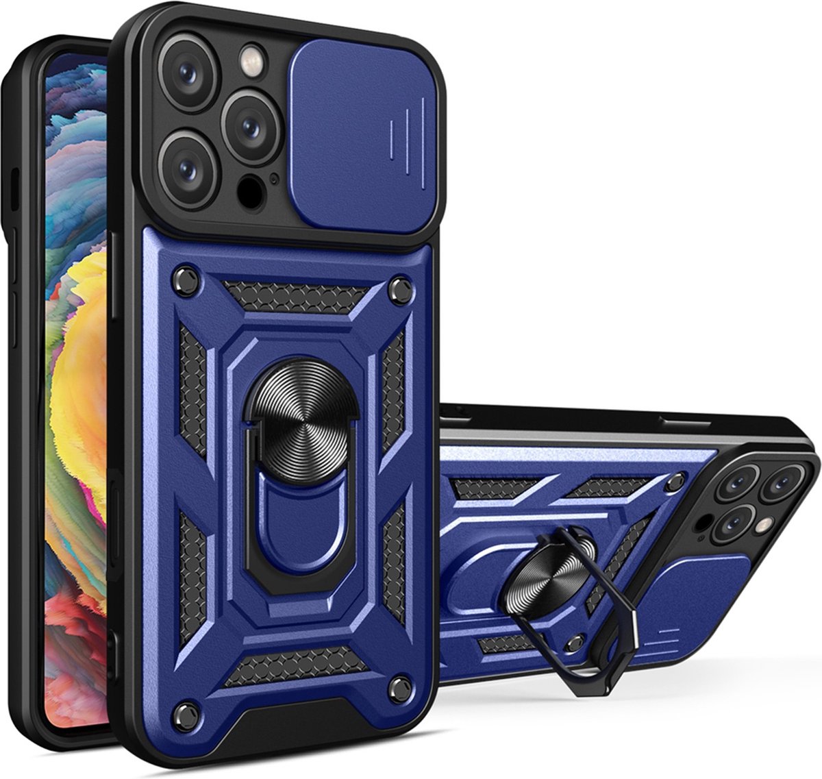 MobyDefend Hoesje - Geschikt voor iPhone 16 Pro Max - Pantsercase Met Draaibare Ring - Blauw
